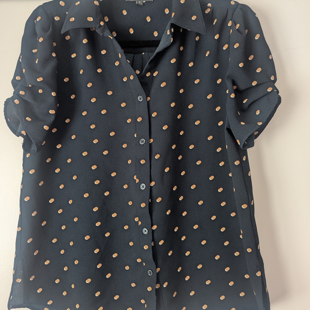 Adrianna Papell Navy Blouse with Gold Polka Dots
